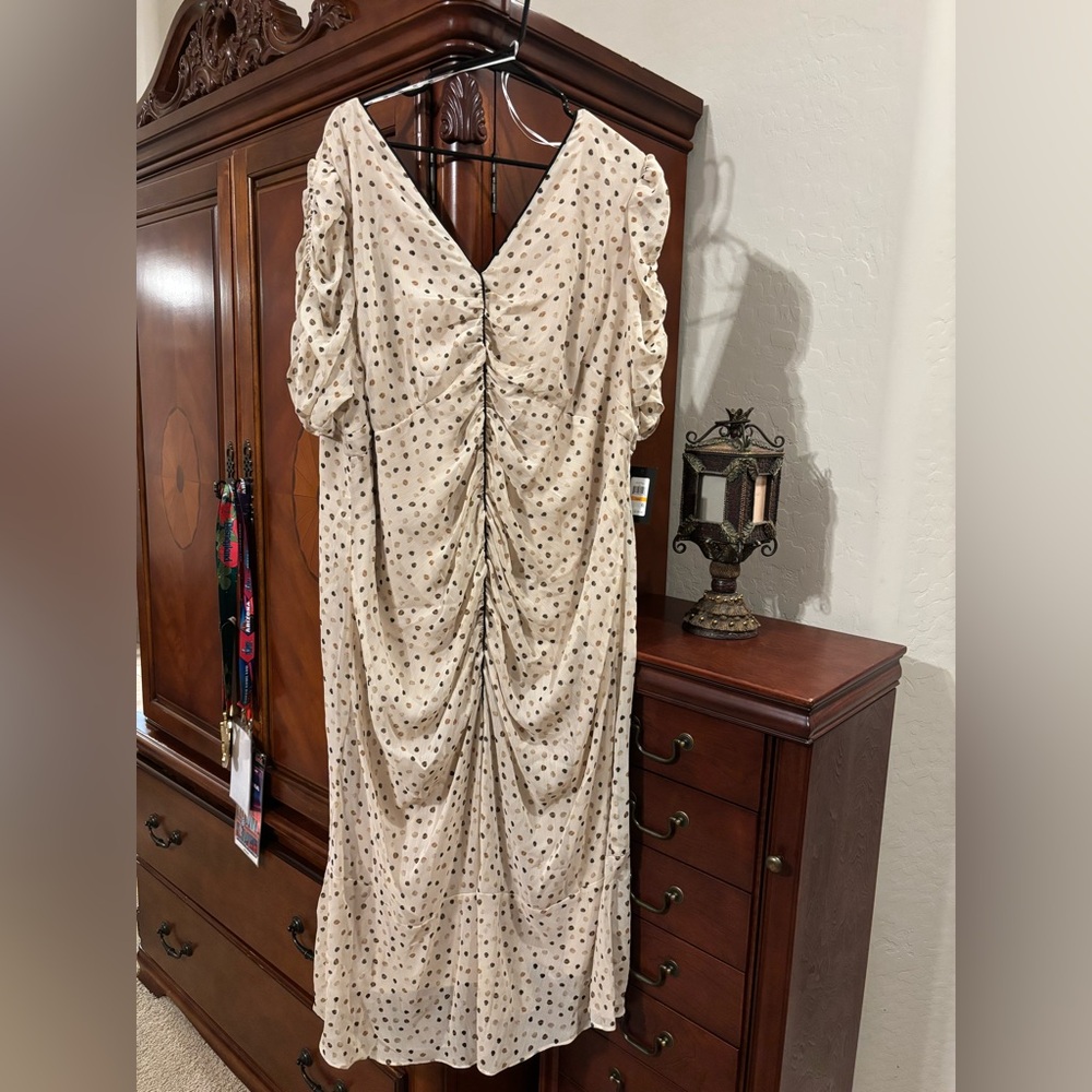 DKNY Beige Midi Dress with Brown Polka Dots